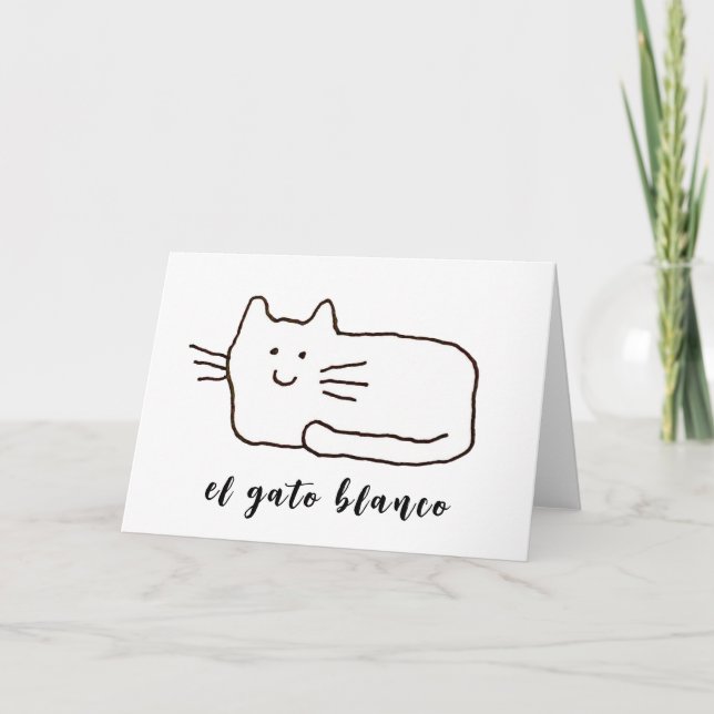 Tecknad El Gato Blanco Katt Linjedragning Kort (Framsida)