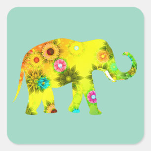 Tecknad elefant Livfulla blommor Lekfull Fyrkantigt Klistermärke