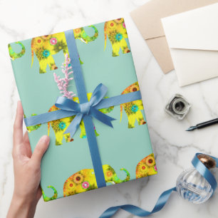 Tecknad Elefant Livfulla Blommor Lekfull Presentpapper