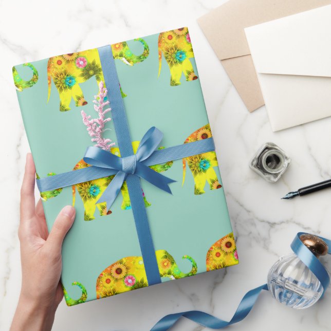 Tecknad Elefant Livfulla Blommor Lekfull Presentpapper (Gifting)