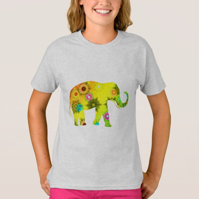 Tecknad Elefant Livfulla Blommor Lekfull T Shirt (Framsida)