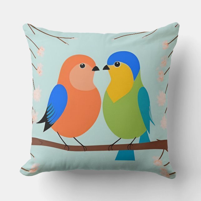 🐦 Tecknad Fågel Duo Kudd Naturaccent 🌸✨ Kudde (Framsida)