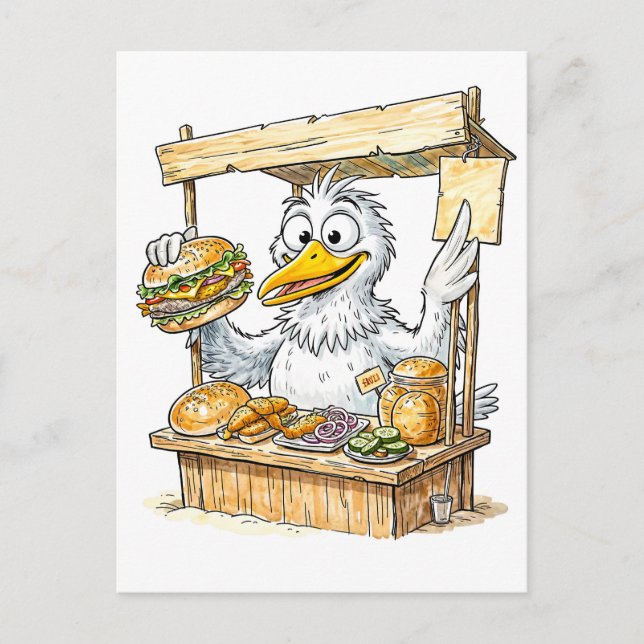 Tecknad fågel på fiskdisk </s> becomes: vykort (Framsida)