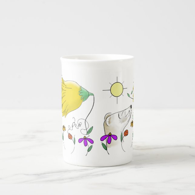 Tecknad Ferret & Flower Benporslin Mugg (Framsidan)