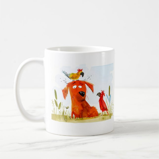 Tecknad film med hund och papegojor kaffemugg (Vänster)