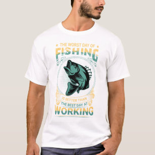 Tecknad fisk som håller fiskespö med humoristisk m t shirt