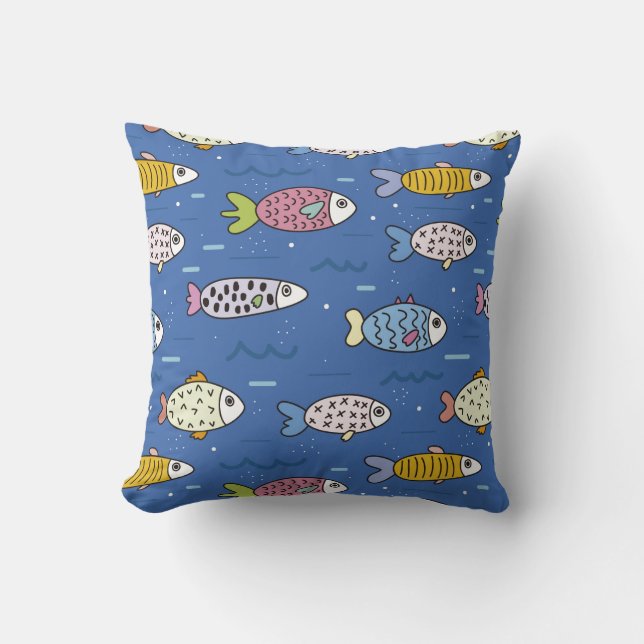 Tecknad Fiskens blåa multifärgad Mönster Kudde (Framsida)