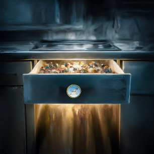 Tecknad fiskmås som flyger över huvudet med guld r knopp