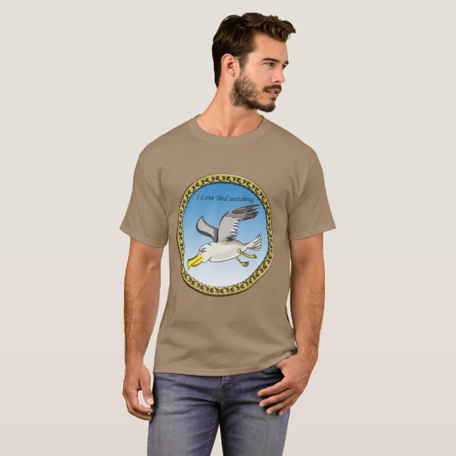 Tecknad fiskmås som flyger över huvudet med guld r t-shirt (Hel framsida)