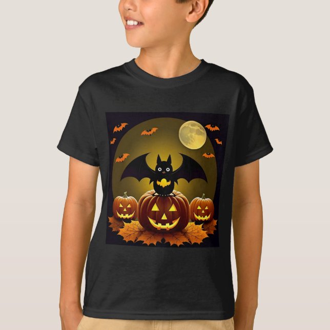 Tecknad fladdermus och pumpor under fullmåne t shirt (Framsida)