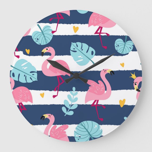 Tecknad Flamingos: Sommartropisk Vintage. Stor Klocka (Framsida)
