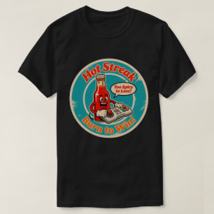 Tecknad flaska med het sås och datorspelare som an t shirt