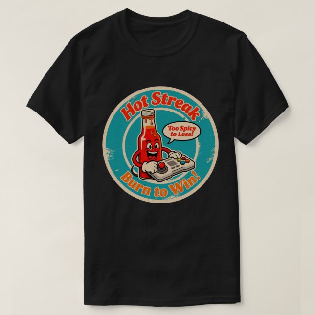 Tecknad flaska med het sås och datorspelare som an t shirt (Design framsida)
