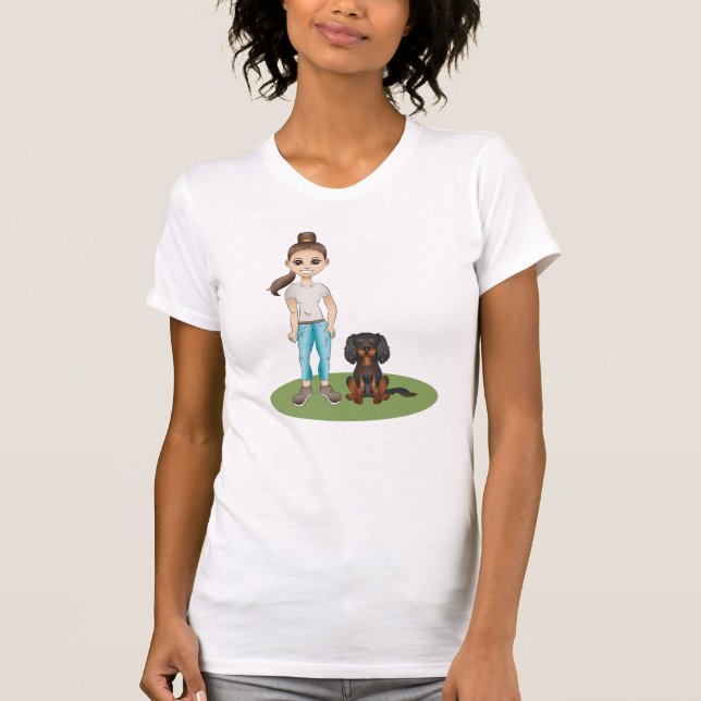 Tecknad flicka & Cavalier King Charles Spaniel sva T Shirt (Framsida)