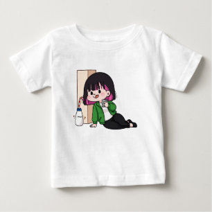 Tecknad flicka dricker mjölk med telefonillustrati t shirt
