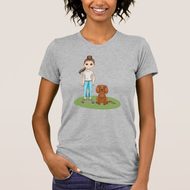 Tecknad flicka & Ruby Cavalier King Charles Spanie T Shirt (Framsida)