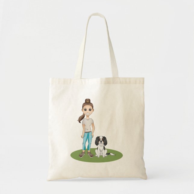 Tecknad flicka & söt tre färgers Cavalier King Cha Tygkasse (Framsidan)