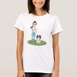 Tecknad flicka & trefärgad Cavalier Hund Illustrat T Shirt