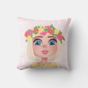 Tecknad Flower Child Girl på Rosa Kudde