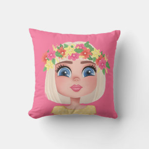 Tecknad Flower Child Girl på Rosa Kudde