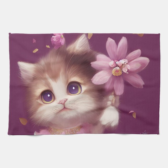 Tecknad fluffy baby kitten med stort öga kökshandduk (Horisontell)