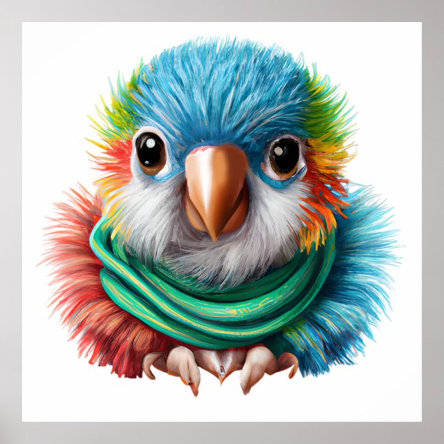 Tecknad Fluffy Lycklig Baby Parrot Poster (Framsidan)
