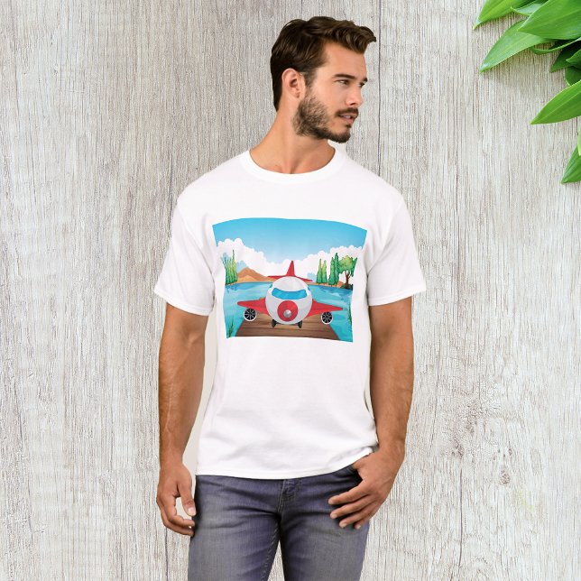 Tecknad Flygplan på Sjö Dock Roligt Travel i Ävent T Shirt (Skapare uppladdad)