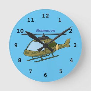 Tecknad för Cute Army-kamouflage-helikopter Rund Klocka