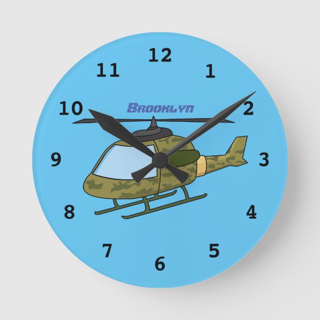 Tecknad för Cute Army-kamouflage-helikopter Rund Klocka (Framsida)