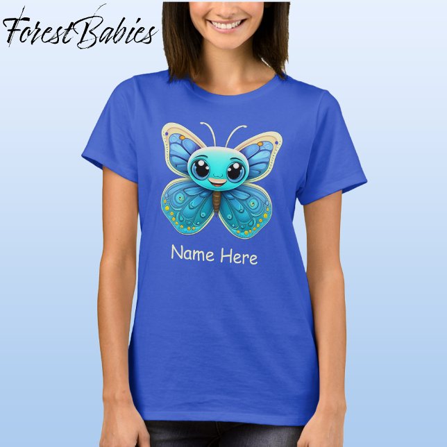 Tecknad för Cute Blue Wildlife Butterfly-Barn T Shirt (Butterfly, Deep Royal Blue Customizable ForestBabies Women's Basic T-shirt - Front)