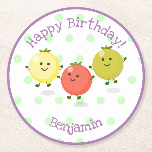 Tecknad för Cute cherry Tomato-vänner Underlägg Papper Rund (Framsidan)