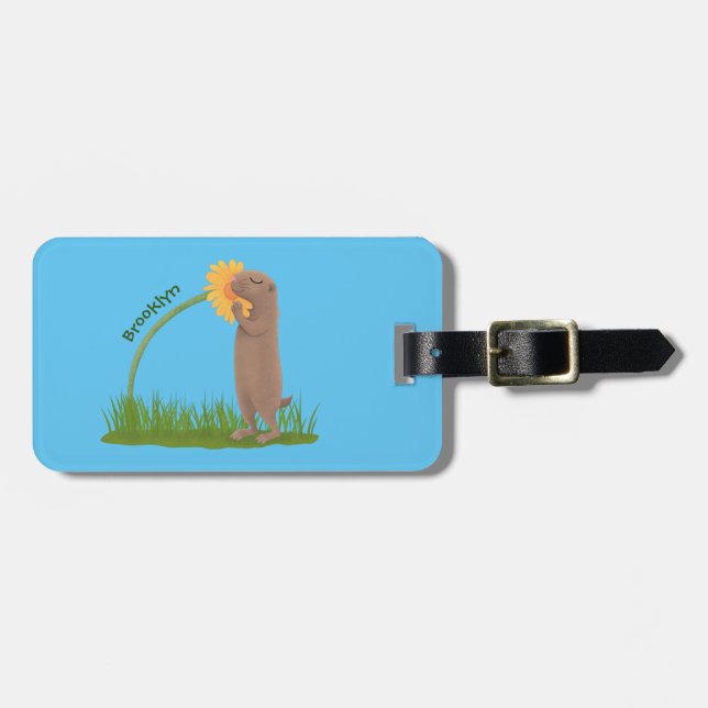 Tecknad för cute prairie hund sniffning blomma bagagebricka (Horisontell Framsida)