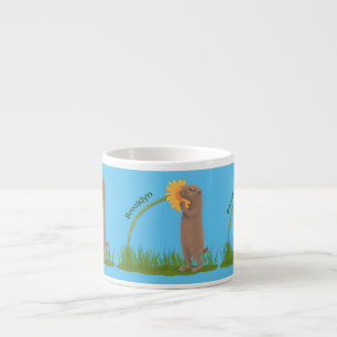 Tecknad för cute prairie hund sniffning blomma espressomugg