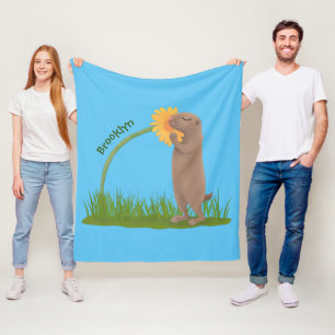 Tecknad för cute prairie hund sniffning blomma fleecefilt