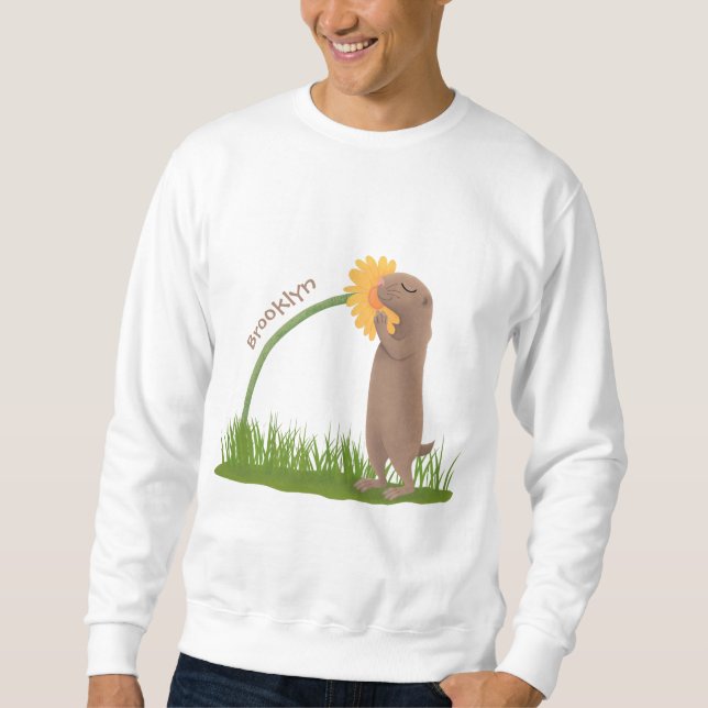 Tecknad för cute prairie hund sniffning blomma lång ärmad tröja (Framsida)