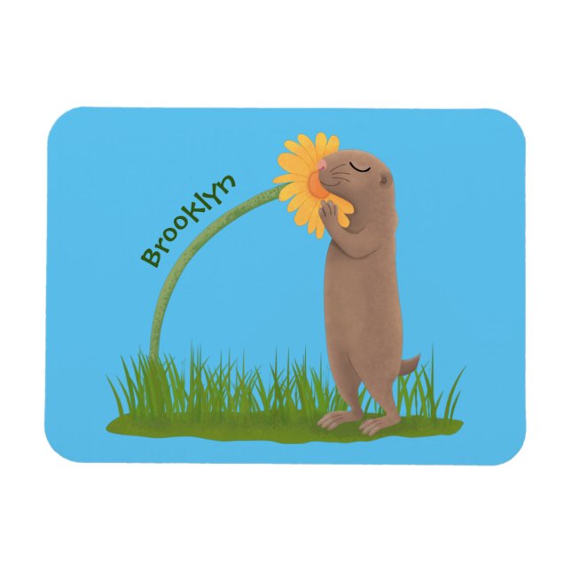 Tecknad för cute prairie hund sniffning blomma magnet (Horisontell)