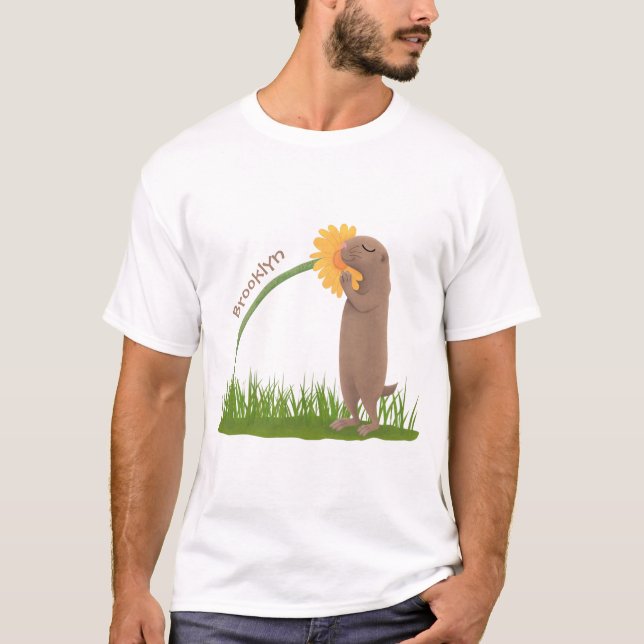 Tecknad för cute prairie hund sniffning blomma t shirt (Framsida)