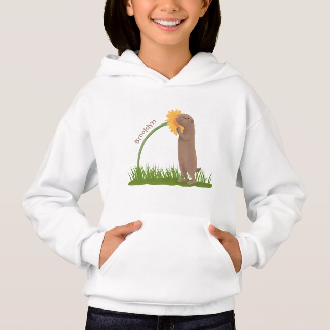 Tecknad för cute prairie hund sniffning blomma t shirt (Framsida)