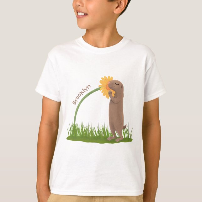 Tecknad för cute prairie hund sniffning blomma t shirt (Framsida)