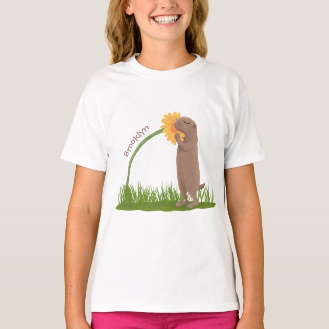 Tecknad för cute prairie hund sniffning blomma t shirt (Framsida)