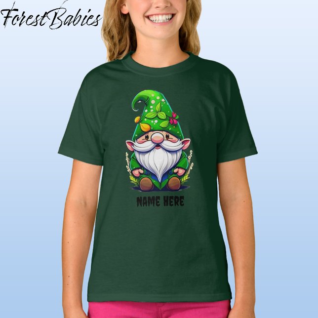 Tecknad för Cute Whimsical Blomsterträdgård Gnome T Shirt (Gnome, Green Customizable ForestBabies T-shirt - Front)
