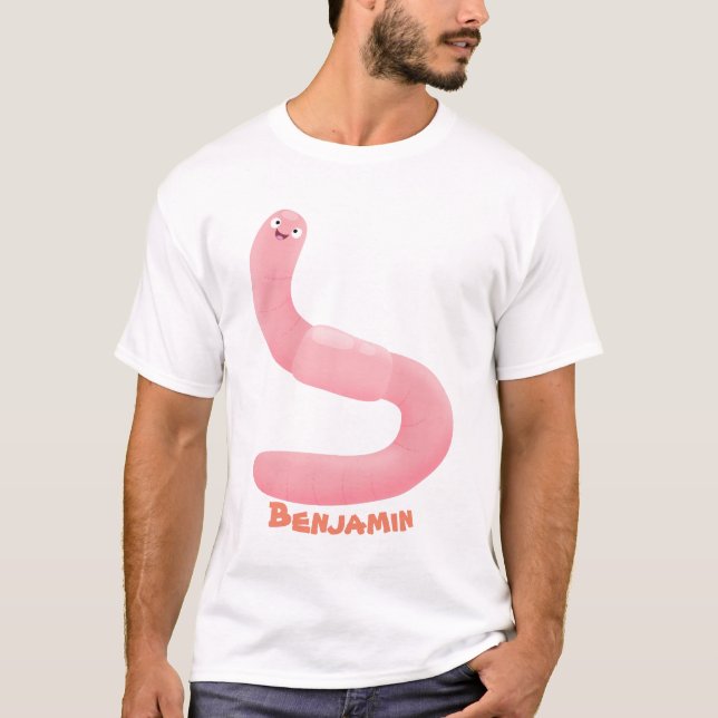 Tecknad för daggmask vid rosa i lycklig t shirt (Framsida)