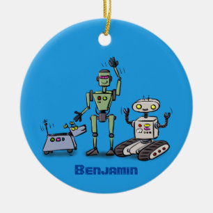 tecknad för den söta robottrio-roboten i lycklig julgransprydnad keramik