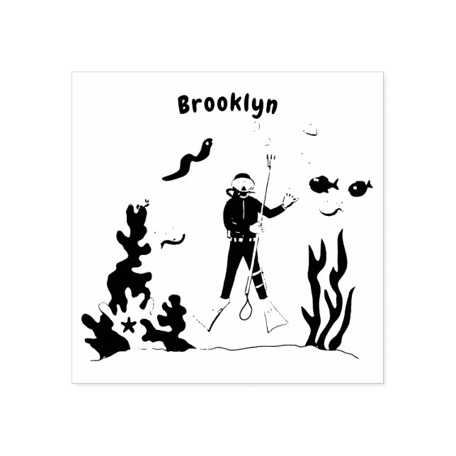 Tecknad för dykare för dykare och fisklevande havs stämpel (Tryck)