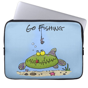Tecknad för fiske av fisk i hungrig grönt i tjock laptop fodral