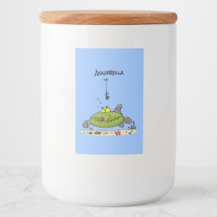 Tecknad för fiske av fisk i hungrig grönt i tjock mat etikett