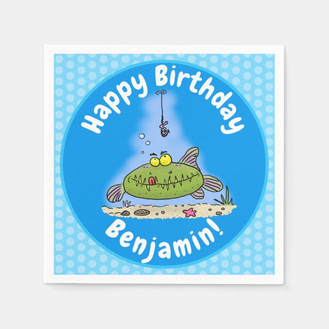 Tecknad för fiske av fisk i hungrig grönt i tjock pappersservett (Framsidan)