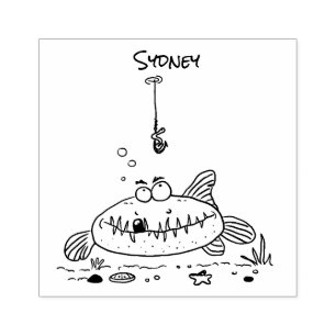 Tecknad för fiske av fisk i hungrig grönt i tjock stämpel