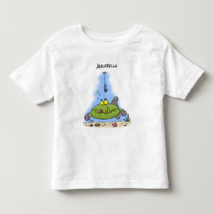Tecknad för fiske av fisk i hungrig grönt i tjock t shirt