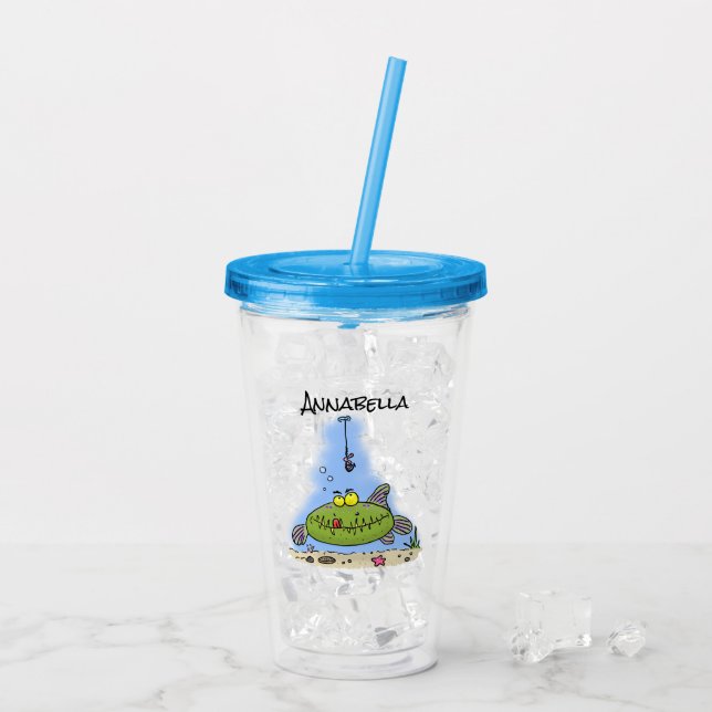 Tecknad för fiske av fisk i hungrig grönt i tjock take away mugg (Baksida Ice)